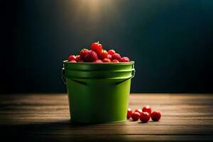 un Cubeta de Fresco cerezas en un de madera mesa. generado por ai foto