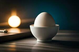 an egg in a white cup on a table. AI-Generated photo