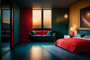 a bedroom with a blue and red bed and a view of the mountains. AI-Generated photo