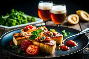 food on a plate with two glasses of beer. AI-Generated photo