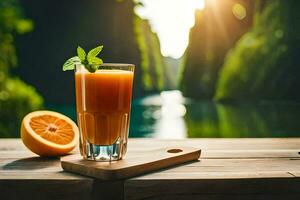 an orange juice with a slice of orange on a table. AI-Generated photo