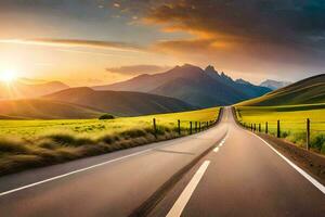 a road in the mountains with the sun setting. AI-Generated photo