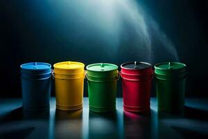 a row of colorful plastic containers with smoke coming out of them. AI-Generated photo