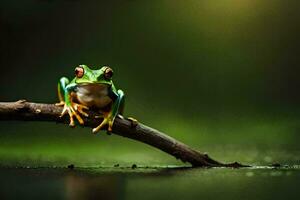 a frog sitting on a branch in the dark. AI-Generated photo