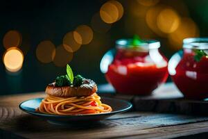espaguetis con carne y tomate salsa en un lámina. generado por ai foto