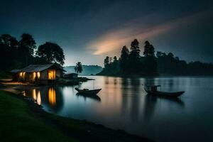 photo wallpaper the sky, water, boat, house, lake, the forest, the lake,. AI-Generated