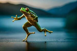 a frog jumping on the ground. AI-Generated photo