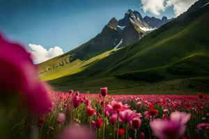 a field of pink flowers in front of mountains. AI-Generated photo