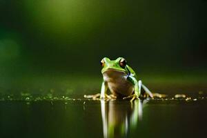 a frog sitting on the water with a green background. AI-Generated photo