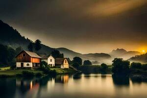 a house sits on the edge of a lake at sunset. AI-Generated photo