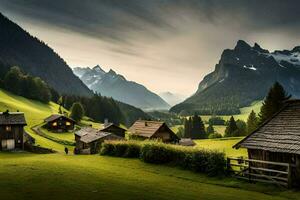 photo wallpaper the sky, mountains, grass, house, trees, house, mountains, house,. AI-Generated