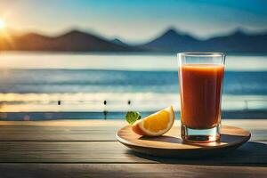 a glass of juice on a wooden table with the sun setting behind it. AI-Generated photo