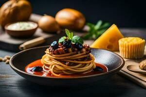 spaghetti with meat sauce and cheese on a wooden table. AI-Generated photo