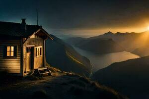 a cabin in the mountains at sunset. AI-Generated photo