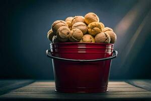 a bucket full of walnuts on a wooden table. AI-Generated photo