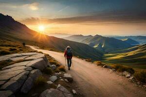 un persona caminando en un camino en el montañas. generado por ai foto