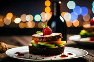 a plate with a sandwich and a bottle of wine. AI-Generated photo