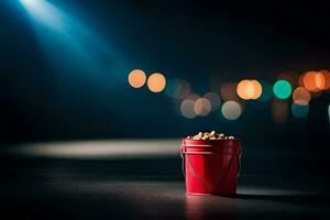 a red bucket with peanuts on a table in front of a blurry background. AI-Generated photo