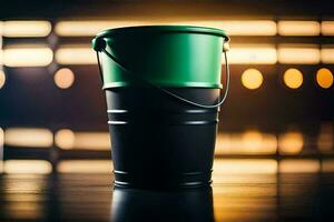 a green bucket sitting on a table with a light background. AI-Generated photo