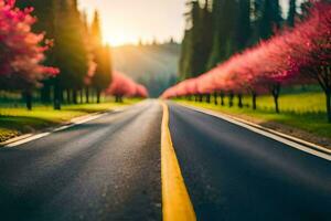 a road lined with trees and pink flowers. AI-Generated photo