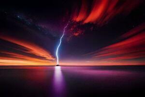 a lightning bolt is seen in the sky over a body of water. AI-Generated photo