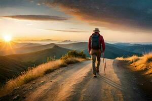 un hombre con un mochila y excursionismo polos camina abajo un suciedad la carretera a puesta de sol. generado por ai foto