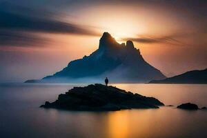 un hombre en pie en un rock en frente de un montaña. generado por ai foto