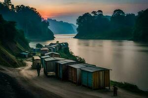 a river with several small wooden houses on the side. AI-Generated photo