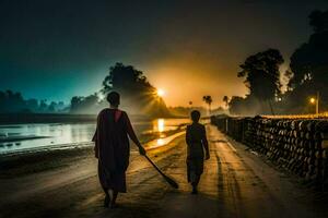 two people walking along a road at night with the sun setting behind them. AI-Generated photo