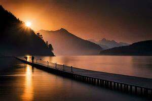 un hombre camina a lo largo un muelle en el medio de un lago a puesta de sol. generado por ai foto