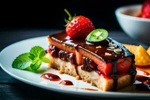 a piece of cake with strawberries and chocolate sauce. AI-Generated photo
