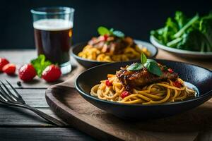 chicken and noodles in a bowl with a glass of beer. AI-Generated photo