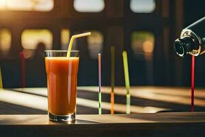 a glass of orange juice with straws on a table. AI-Generated photo