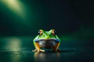 a frog sitting on the ground with a dark background. AI-Generated photo