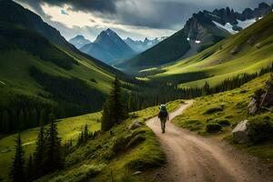 a person walking down a dirt road in the mountains. AI-Generated photo