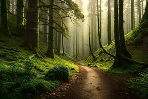 un camino mediante un verde bosque con arboles y rayos de sol generado por ai foto