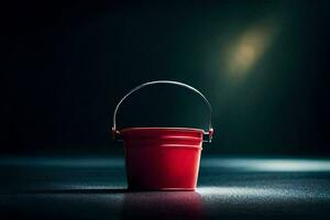 un rojo Cubeta en un oscuro piso. generado por ai foto