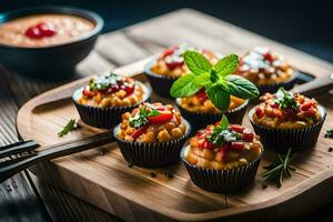 mini cupcakes with cheese and herbs on a wooden tray. AI-Generated photo