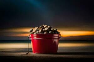 un Cubeta de nueces en un playa a puesta de sol. generado por ai foto