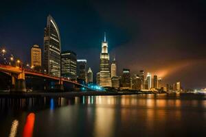 the city skyline at night with lights reflecting off the water. AI-Generated photo