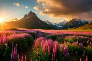 el Dom brilla terminado un campo de púrpura flores y montañas. generado por ai foto