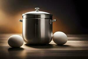 a stainless steel pot and two eggs on a wooden table. AI-Generated photo