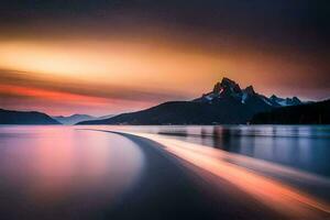 a long exposure photograph of a mountain range and water. AI-Generated photo