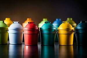a row of colorful plastic cups with a black background. AI-Generated photo