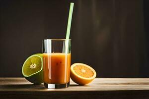 orange juice in a glass with lime and orange slices. AI-Generated photo