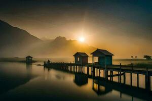 el Dom sube terminado un lago y un de madera muelle. generado por ai foto