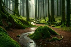 a stream runs through a forest with mossy trees. AI-Generated photo