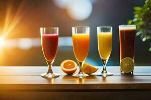 three glasses of orange juice on a table. AI-Generated photo