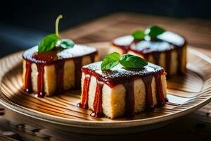 Tres piezas de pastel con salsa en un de madera lámina. generado por ai foto