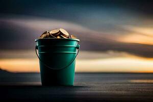 a bucket of coins sitting on the ground. AI-Generated photo